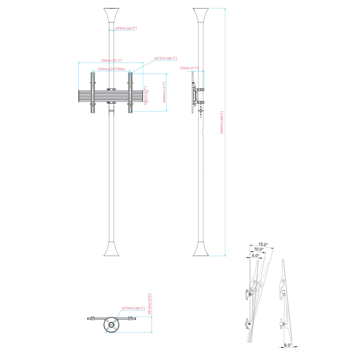 Dibujo técnico de una luminaria montada en poste con dimensiones.