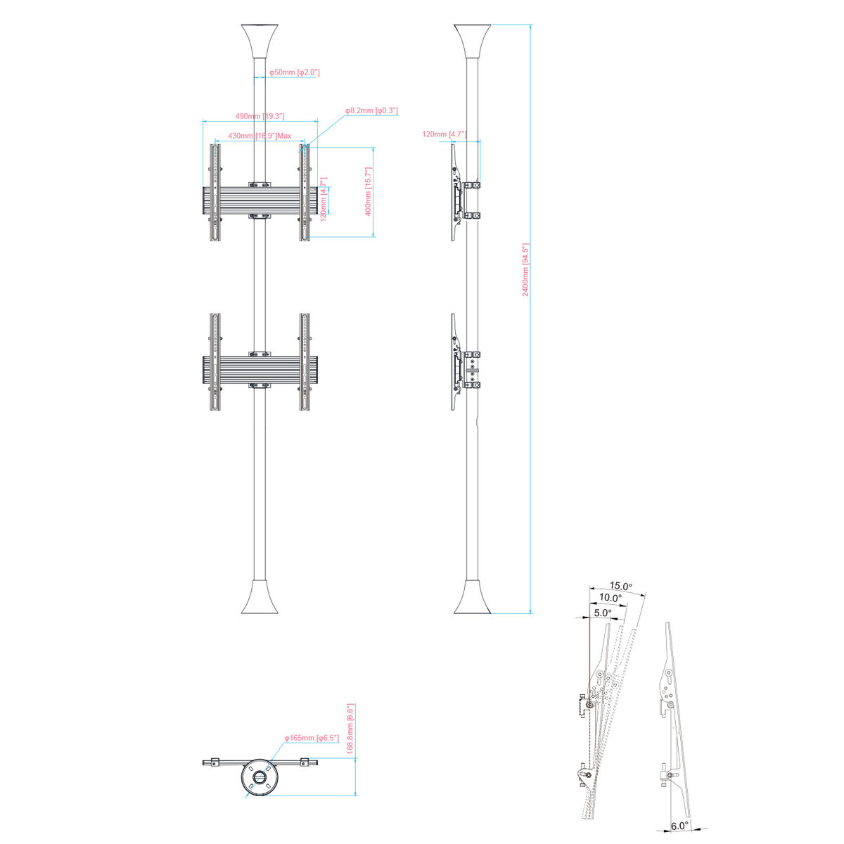 Dibujo técnico de un soporte de TV con dimensiones y ángulos.