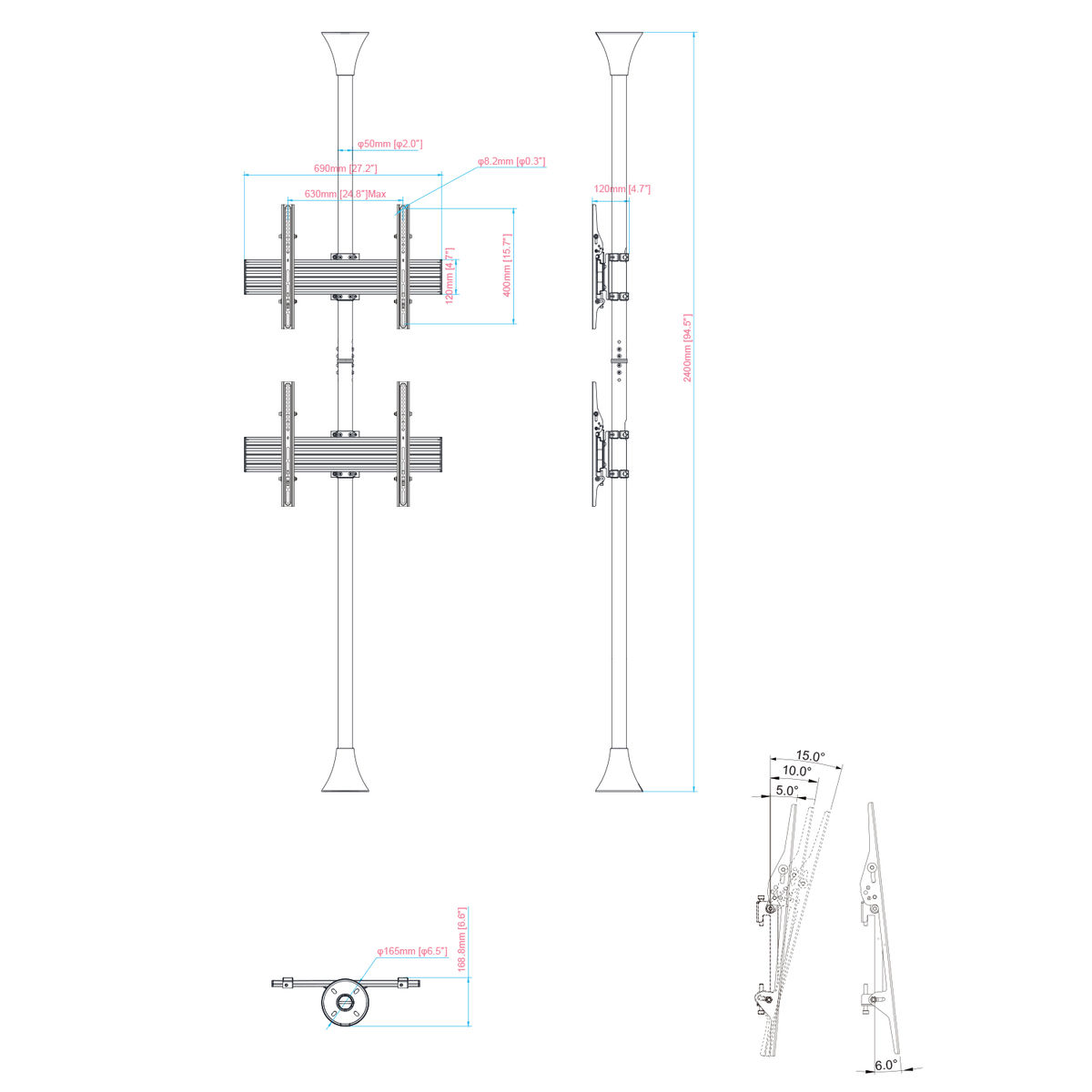 Dibujo técnico de un soporte de TV, mostrando dimensiones en milímetros y pulgadas.