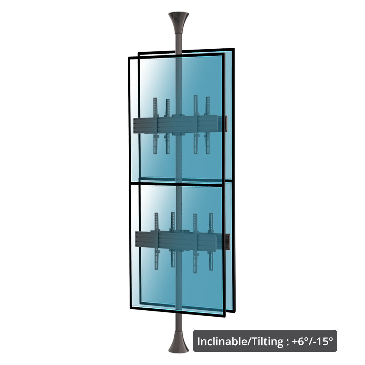 Un soporte de TV doble, alto y negro, con pantallas azules, texto: Inclinable/Inclinación: +6°/-15°.