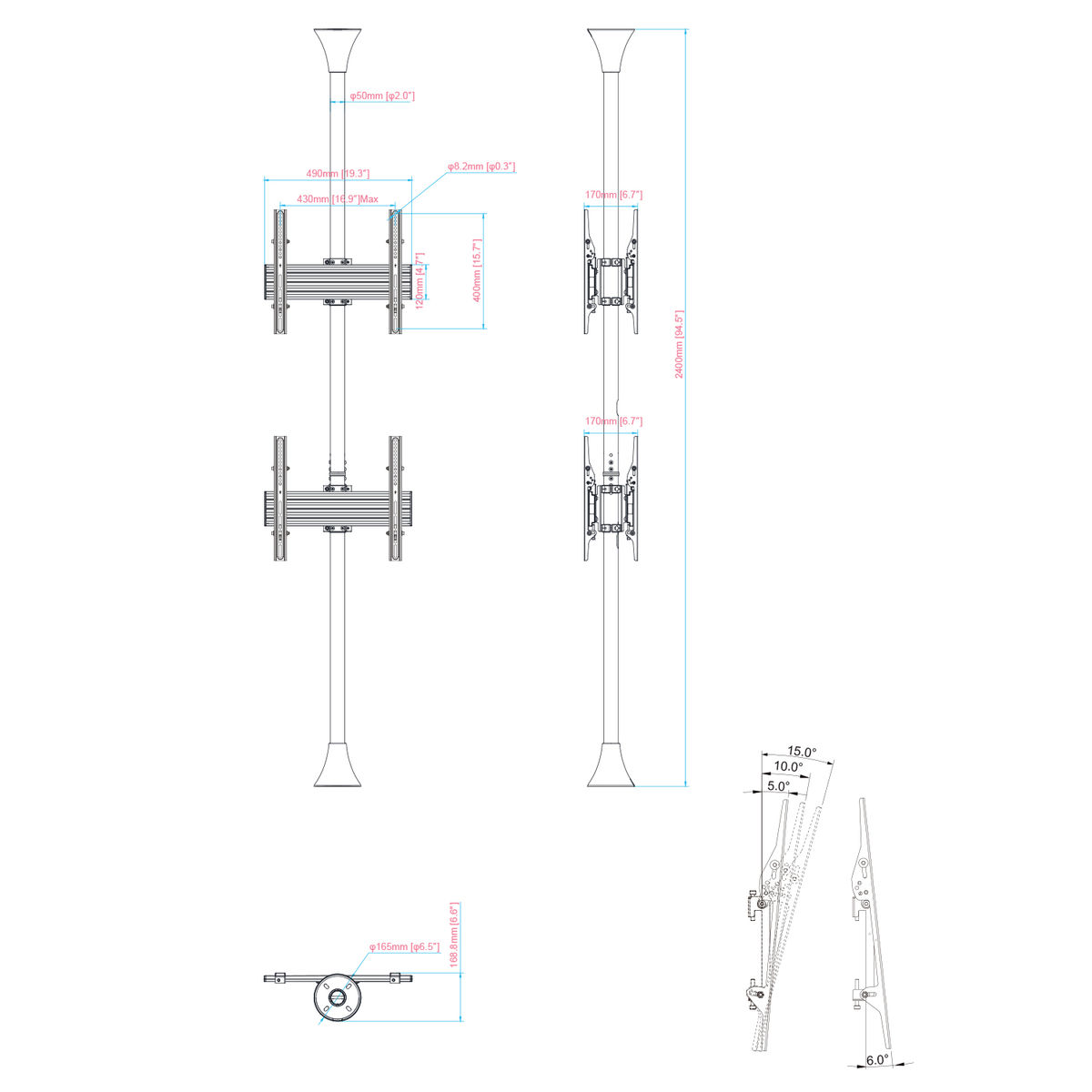 Dibujo técnico de un soporte de TV de montaje doble con medidas.