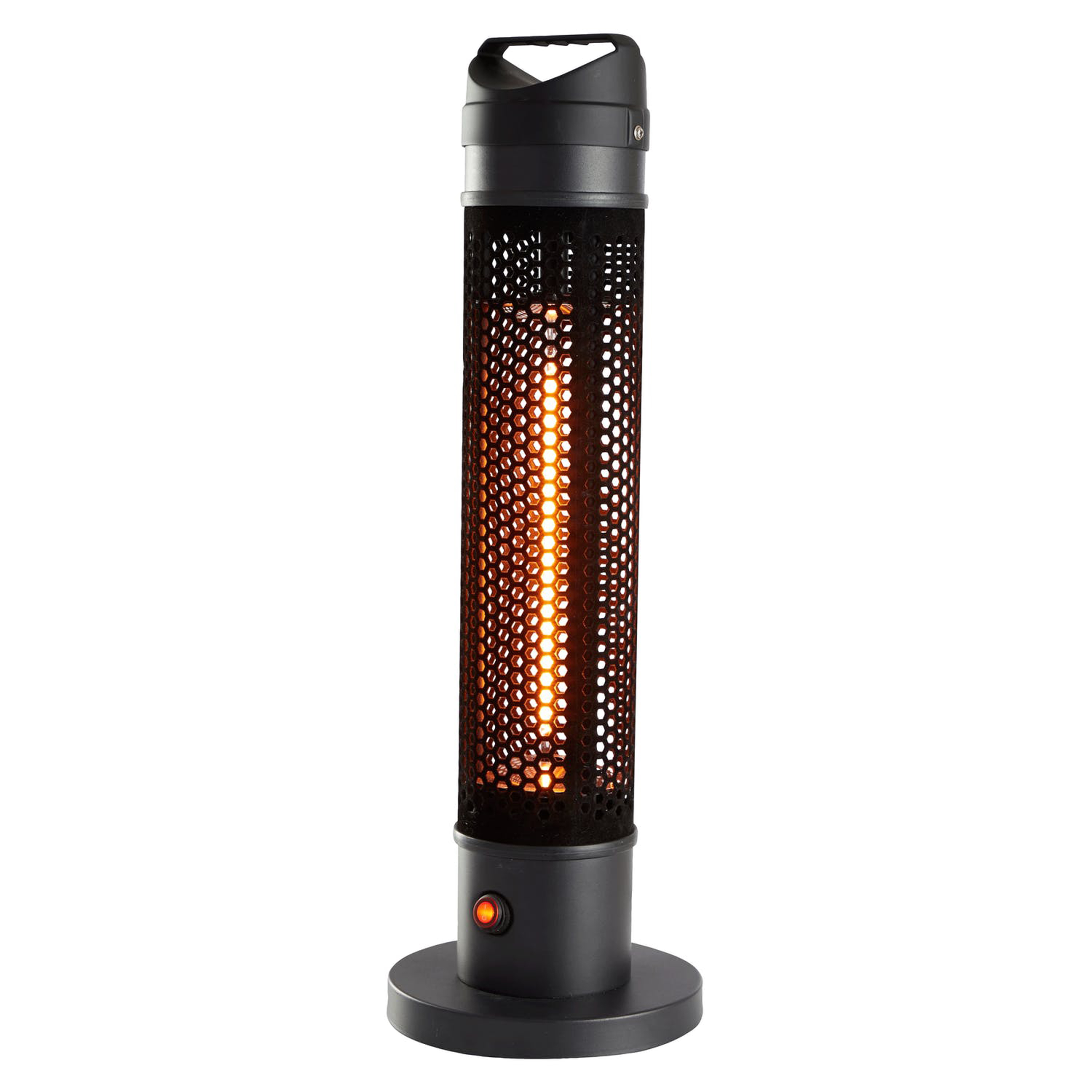 Ein schwarzer Außenheizstrahler. Er hat ein zylindrisches Design mit einem Heizelement und einem roten Licht.