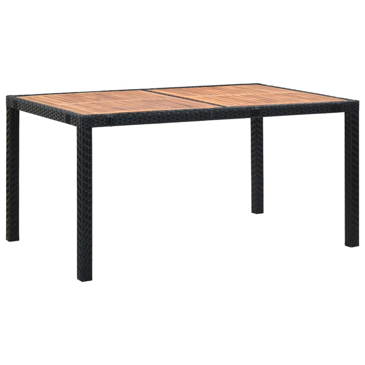 Ein rechteckiger Gartentisch mit dunklem Rahmen und einer Holzplatte aus vier Teilen. Weißer Hintergrund.