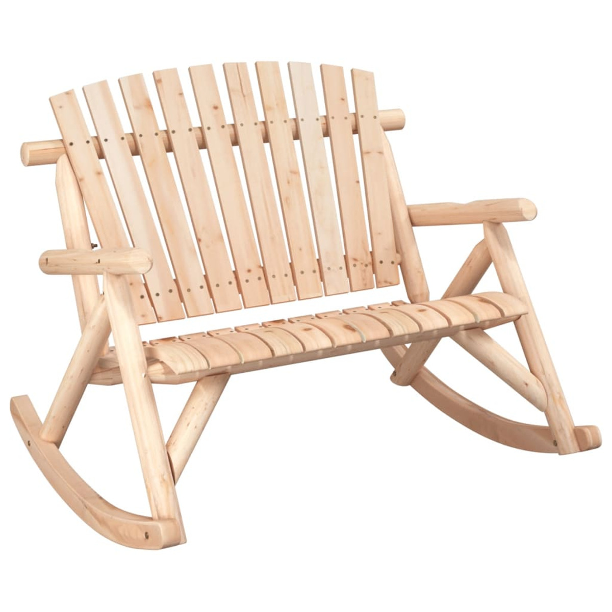 Schaukelbank aus Holz, hellbraun. Zwei Sitze, gebogene Schaukeln. Weißer Hintergrund.