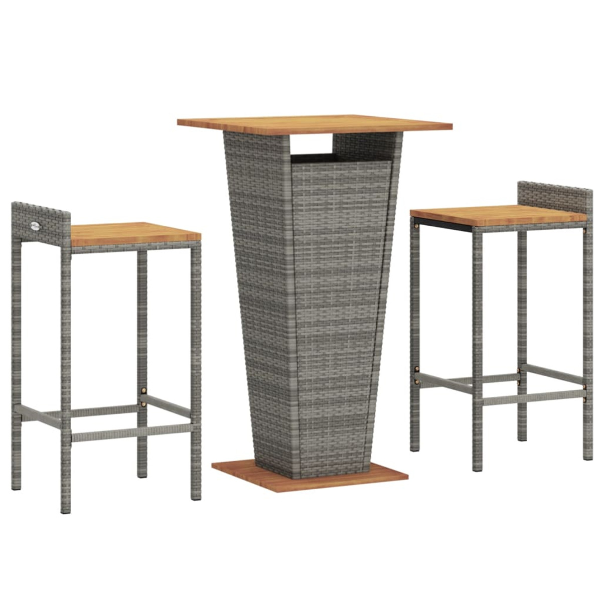 Bartisch und zwei Barhocker, alle aus grauem Webmaterial und Holz.