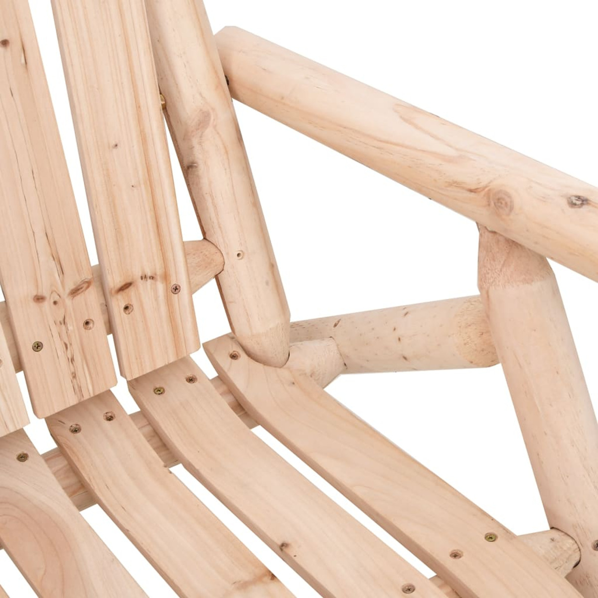 Nahaufnahme eines Holzstuhlrahmens. Helle Holzfarbe mit sichtbarer Holzmaserung. Schrauben sind sichtbar.