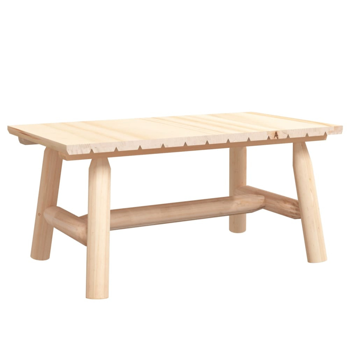 Rechteckiger Tisch aus hellem Holz, mit Beinen und Verbindungsstange, vor weißem Hintergrund.