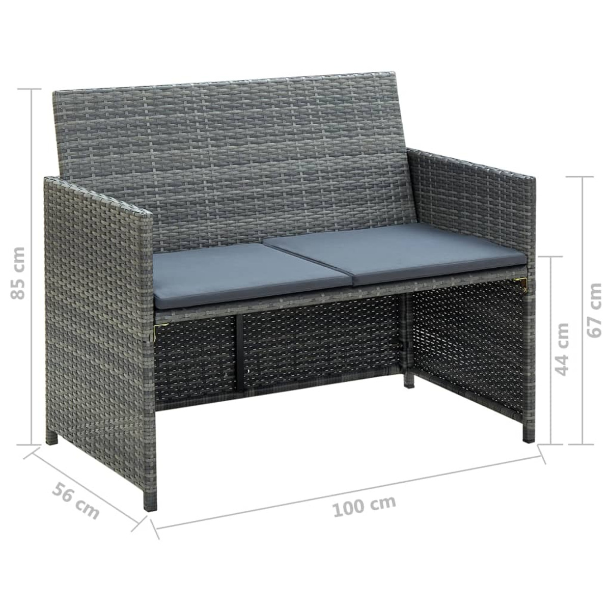 Graue Outdoor-Bank aus Korbgeflecht mit Kissen. Abmessungen: 100 cm Länge, 85 cm Höhe und 56 cm Tiefe.