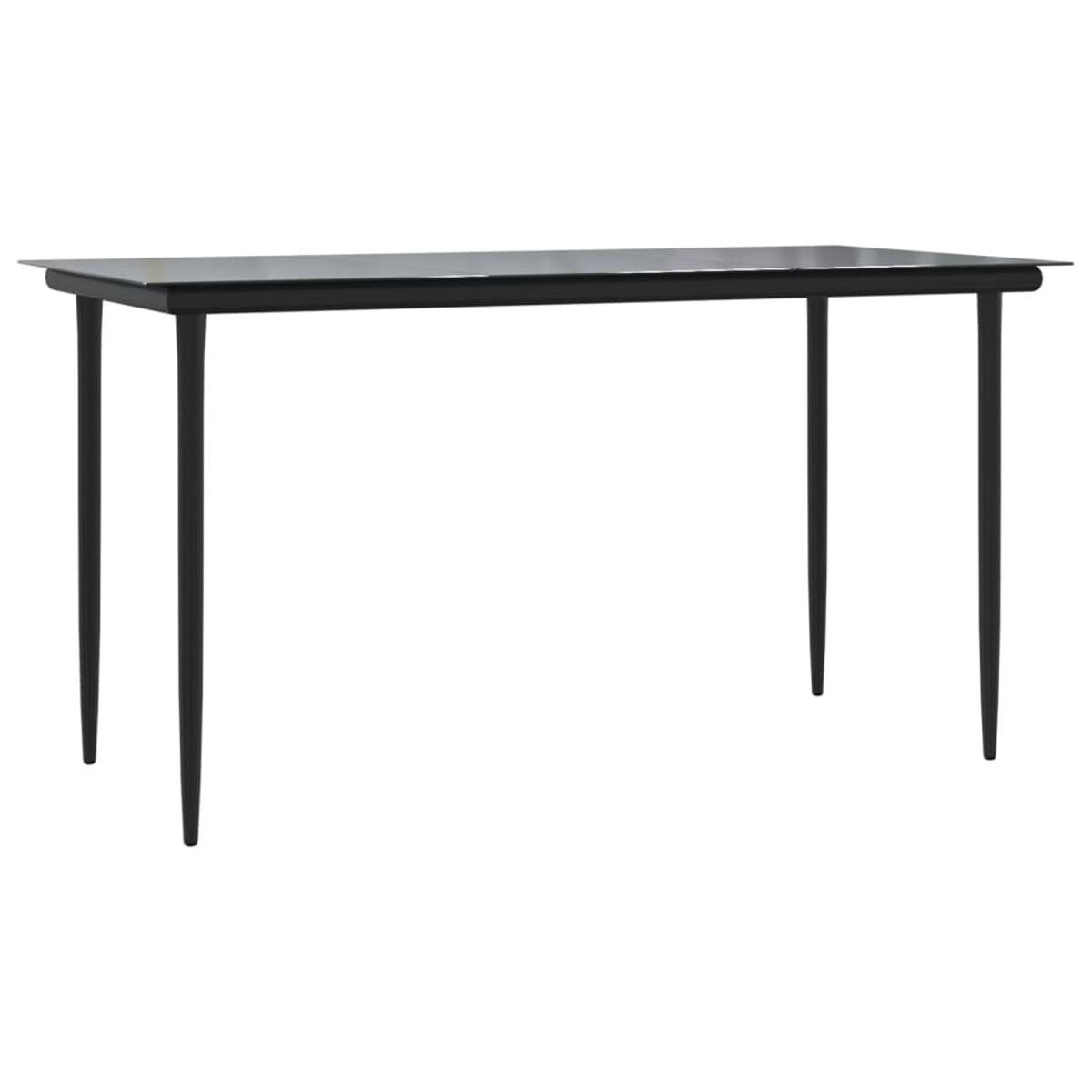 Schwarzer Tisch mit dünnen Beinen, schlichtes Design, auf weißem Hintergrund.