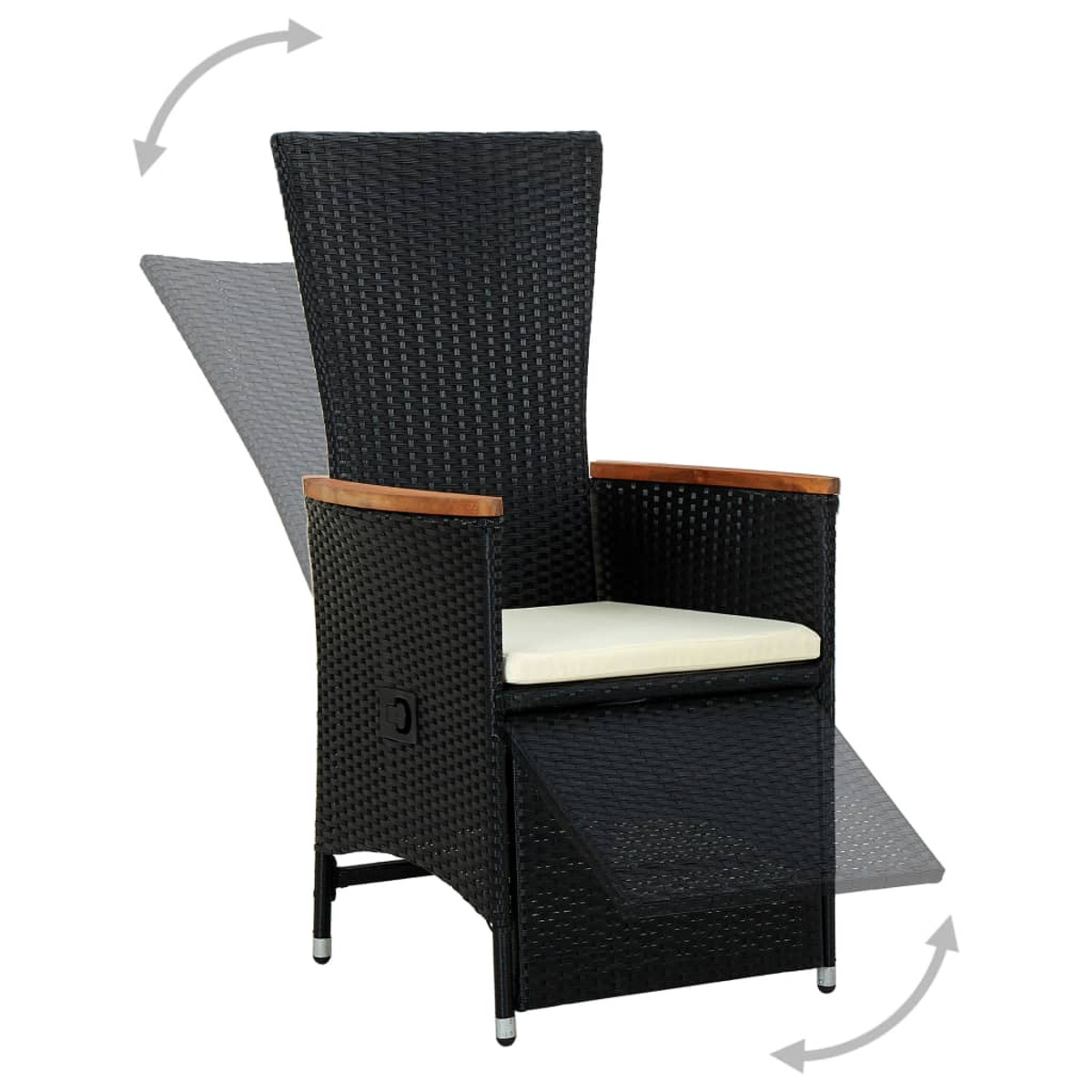 Schwarzer Korbstuhl mit Kissen, Holzarmlehnen und hohem Rücken, mit Rotationspfeilen.