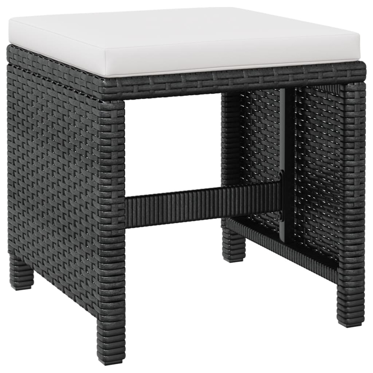 Schwarzer gewebter quadratischer Hocker mit weißem Kissen. Schwarze Beine und Rahmen.