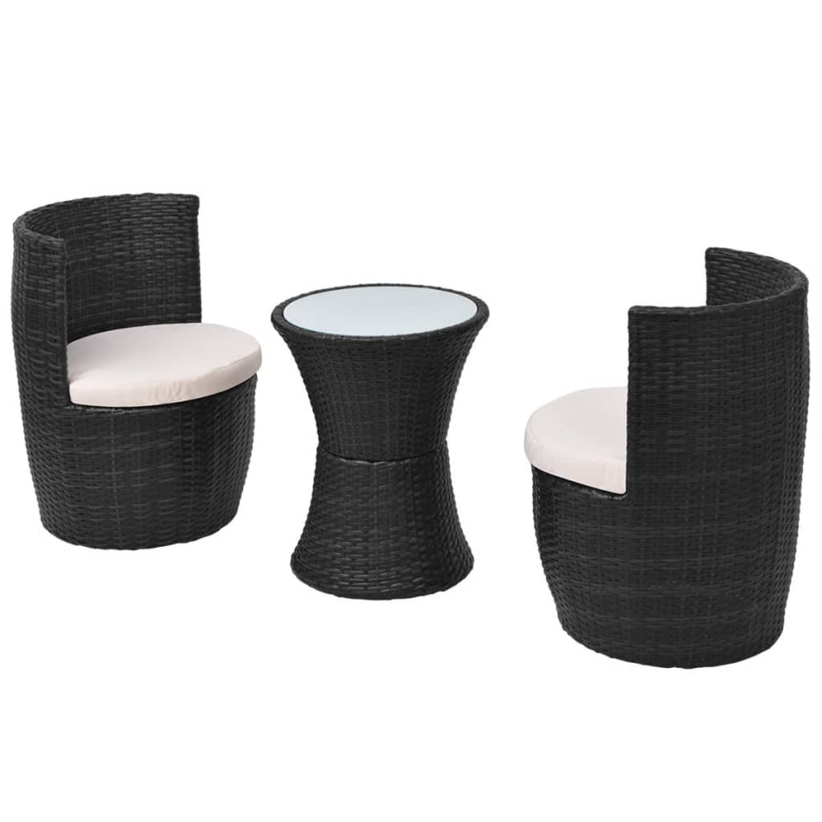 Schwarzes Rattan-Möbelset. Zwei Stühle und ein kleiner runder Tisch.
