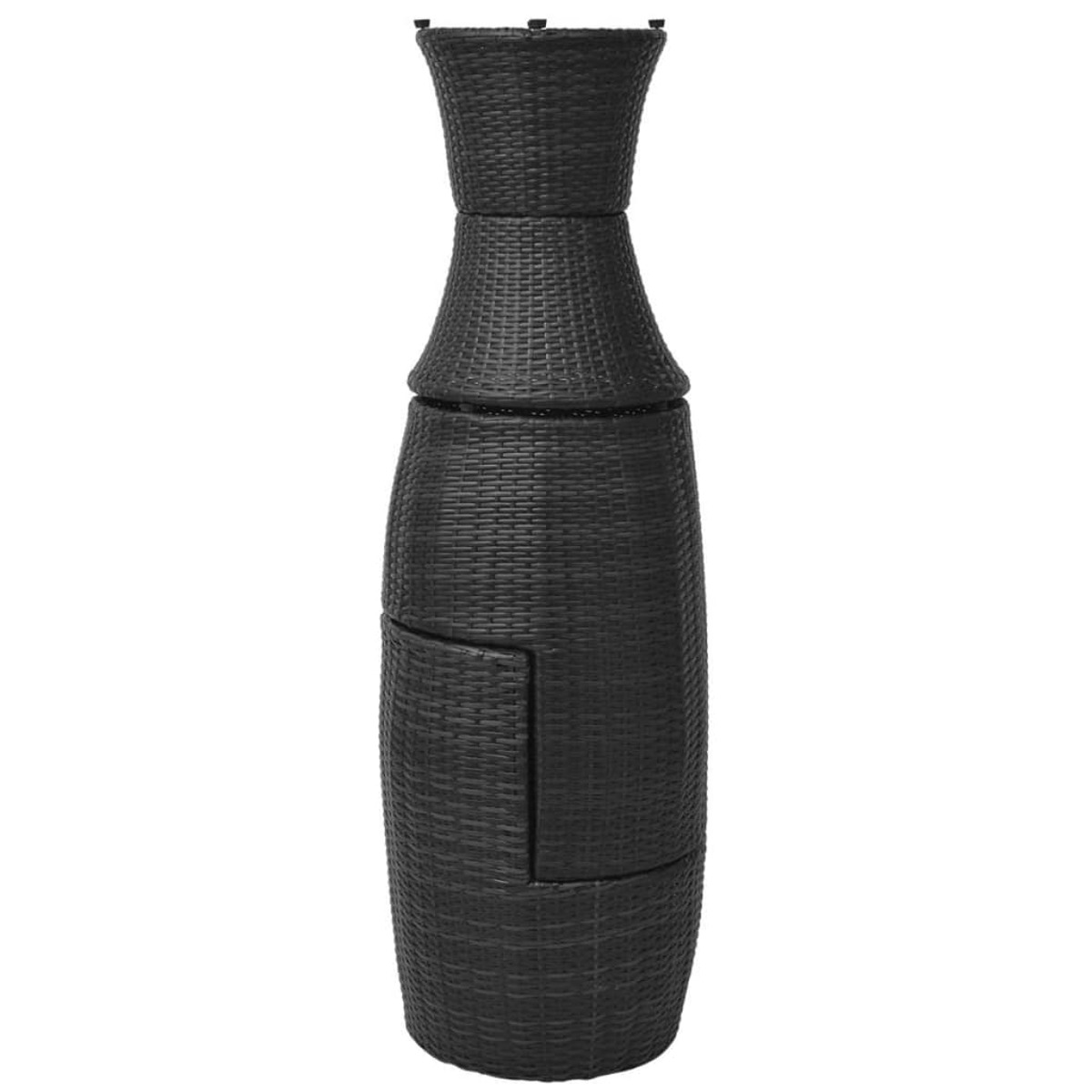 Schwarzer Outdoor-Heizstrahler aus Korbgeflecht. Hoch, vasenförmig mit Tür.