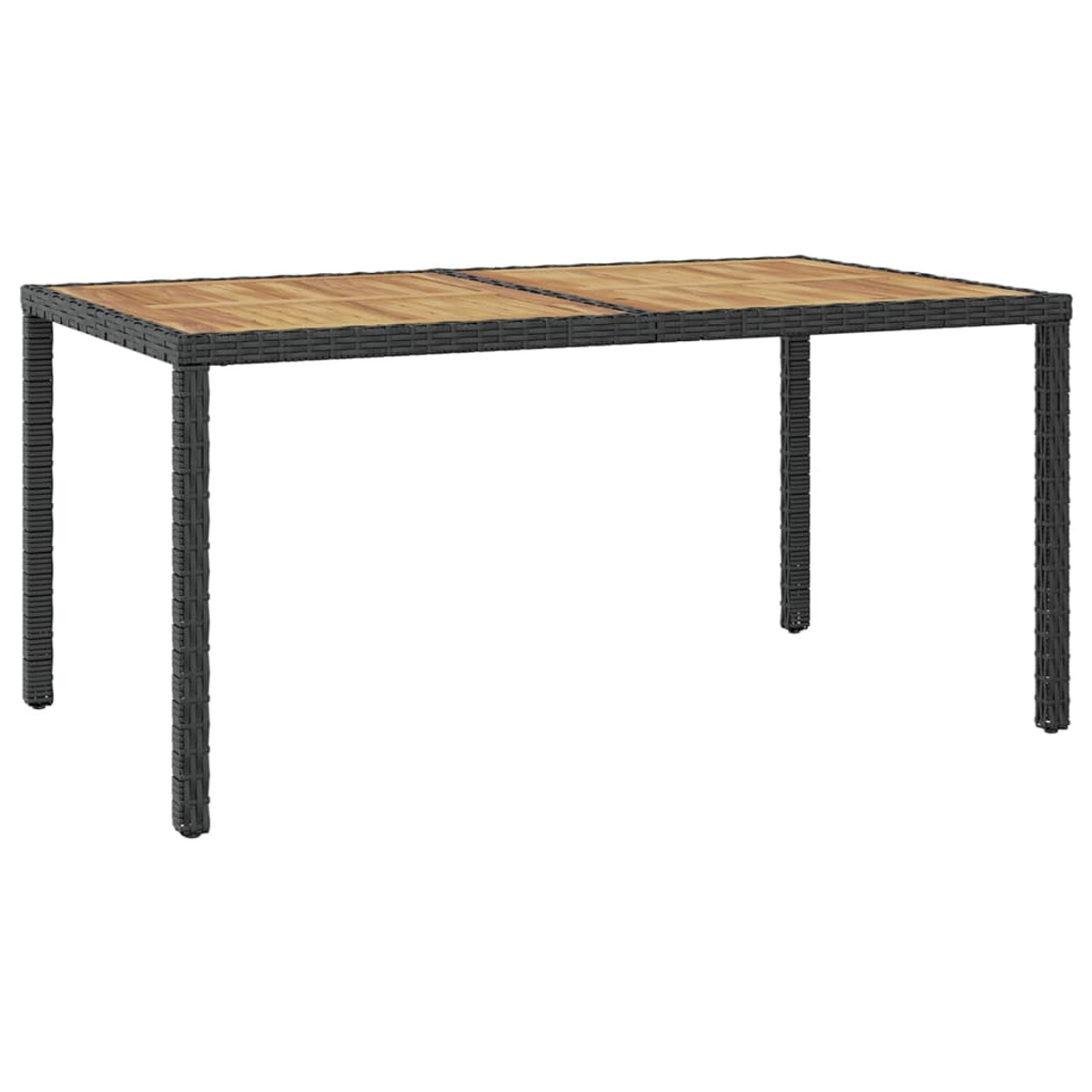 Ein rechteckiger Outdoor-Tisch mit Holzplatte und dunklen Korbflechtbeinen auf weißem Hintergrund.