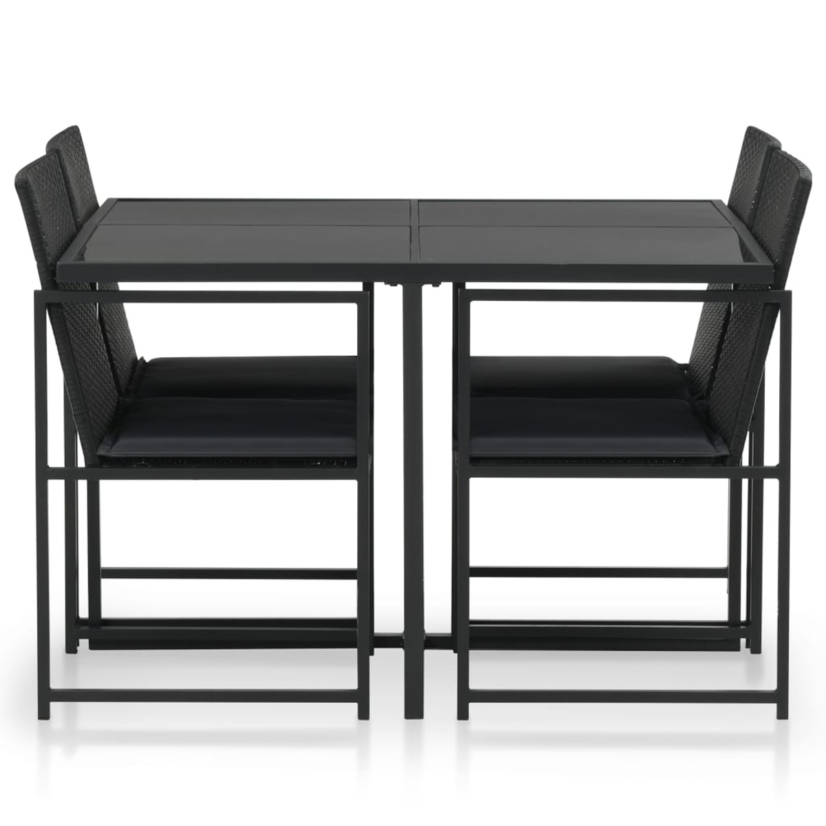 Ein schwarzes Ess-Set für den Außenbereich mit vier Stühlen und einem Tisch.