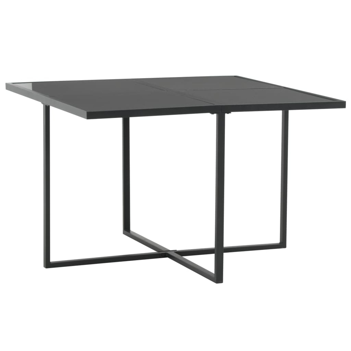 Ein quadratischer schwarzer Tisch mit Metallrahmen und Beinen, vor weißem Hintergrund.