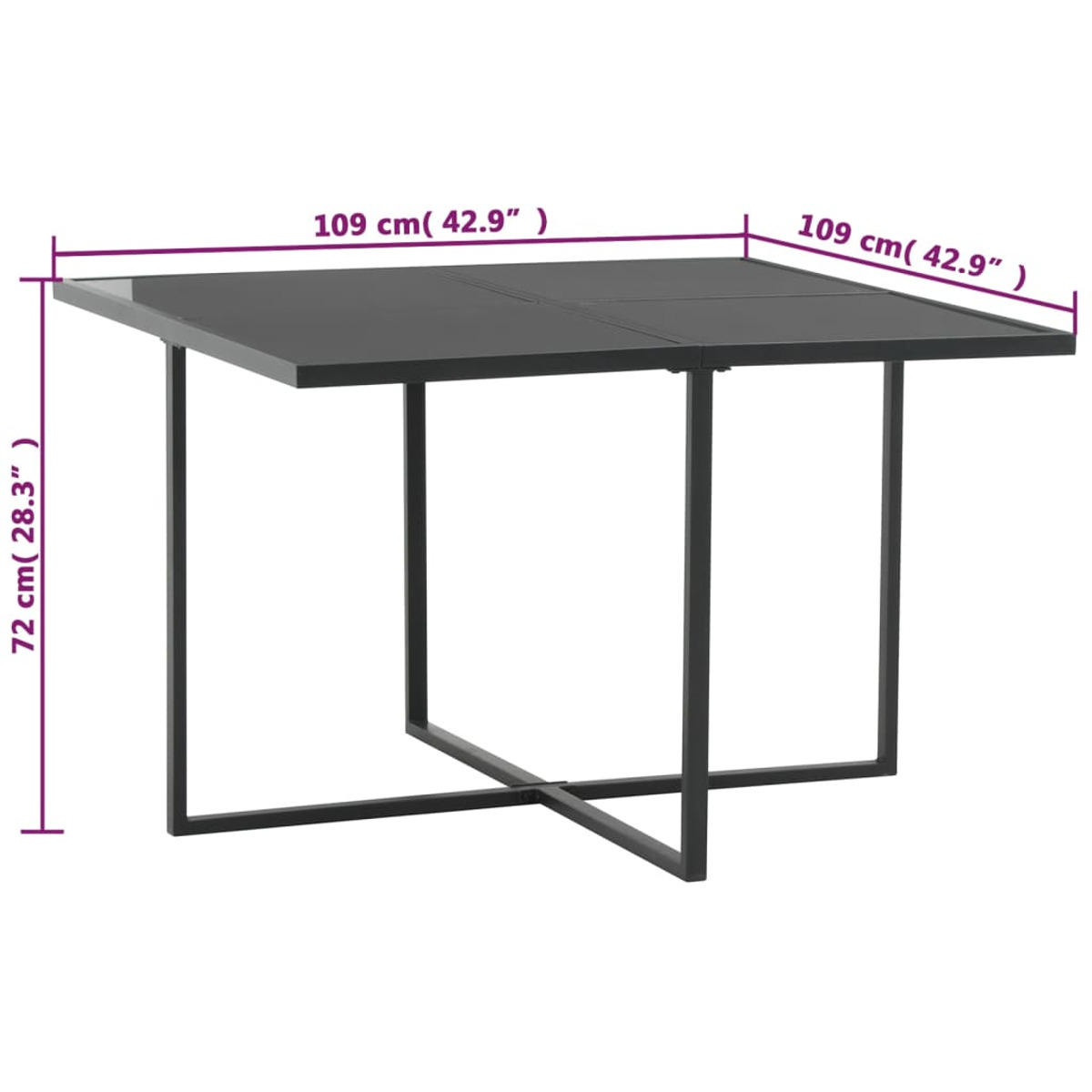 Schwarzer quadratischer Gartentisch mit Abmessungen. Schwarze Beine, weißer Hintergrund.