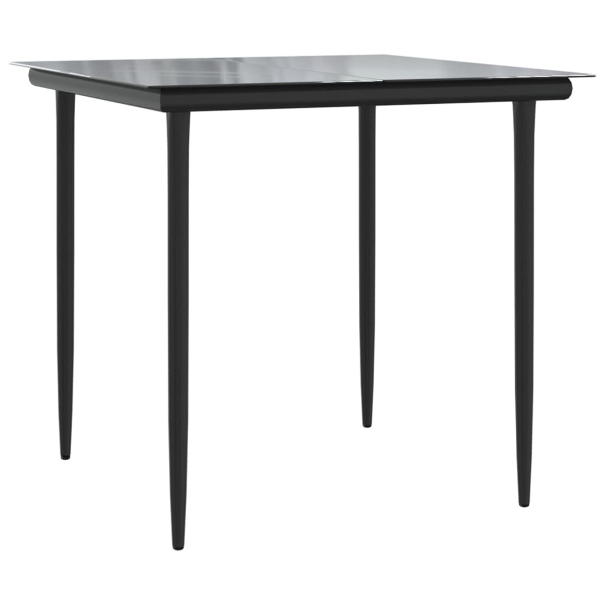 Schwarzer quadratischer Tisch mit vier Beinen. Der Tisch hat eine Glasplatte.