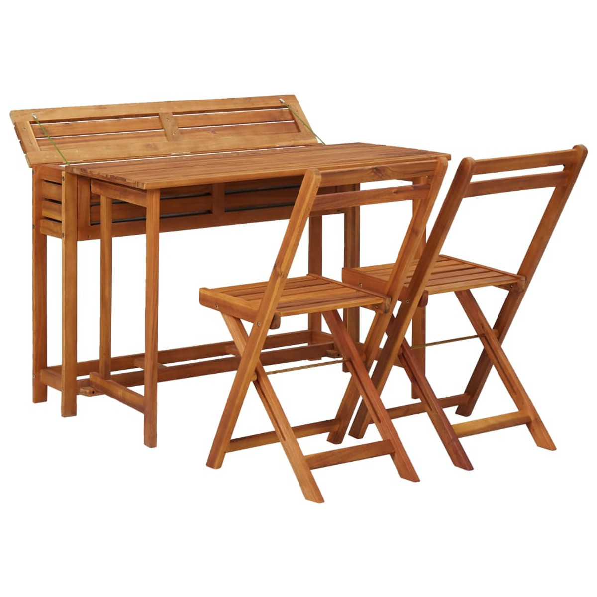 Essgruppe aus Holz für den Außenbereich mit Tisch und zwei Klappstühlen. Tisch hat eine eingebaute Bank.