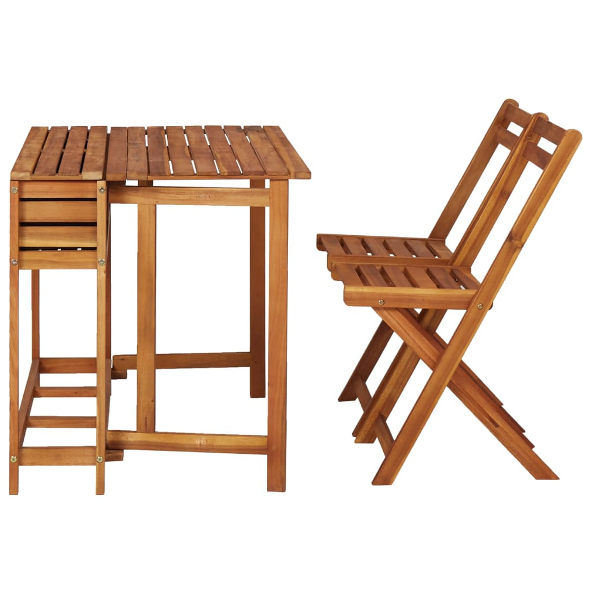 Holztisch und zwei Klappstühle. Der Tisch hat ein herunterklappbares Blatt. Stühle haben Lattenroste.