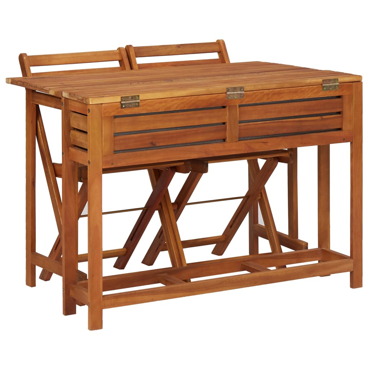 Holz-Gartentisch-Set mit zwei Stühlen. Braune Holzfarbe, Klappdesign.