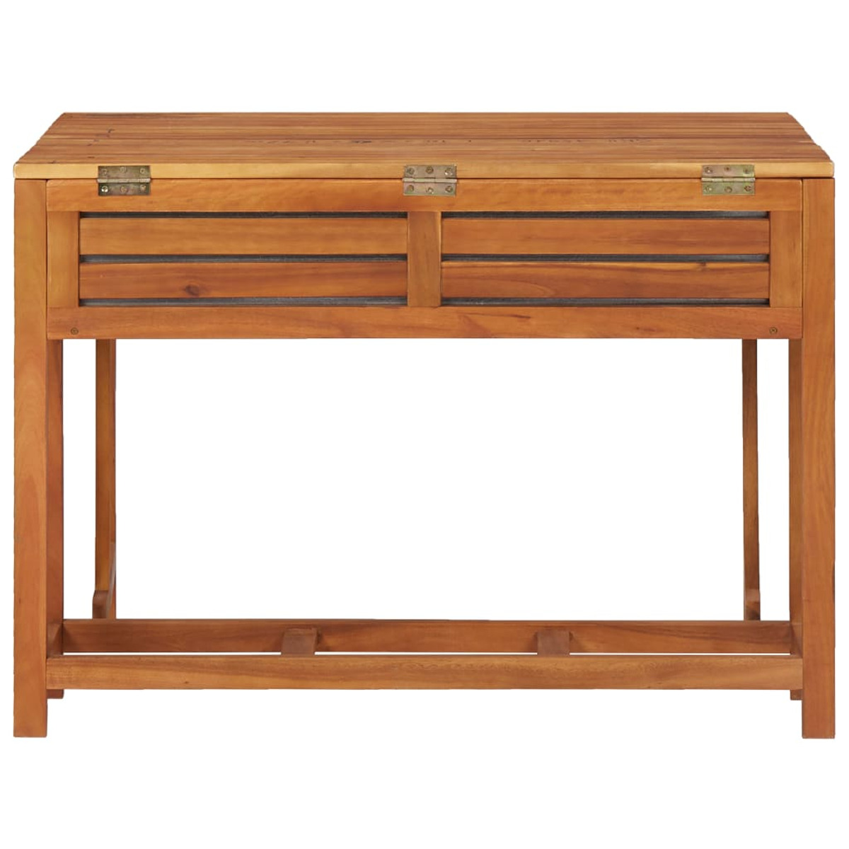 Holztisch für draußen mit Klappdeckel und zwei Innenfächern.