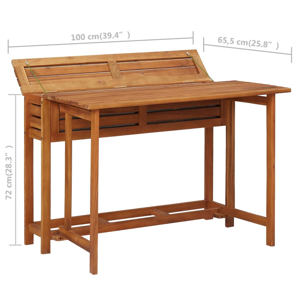 Holztisch für draußen mit hochklappbarer Rückenlehne. Der Tisch ist hellbraun.