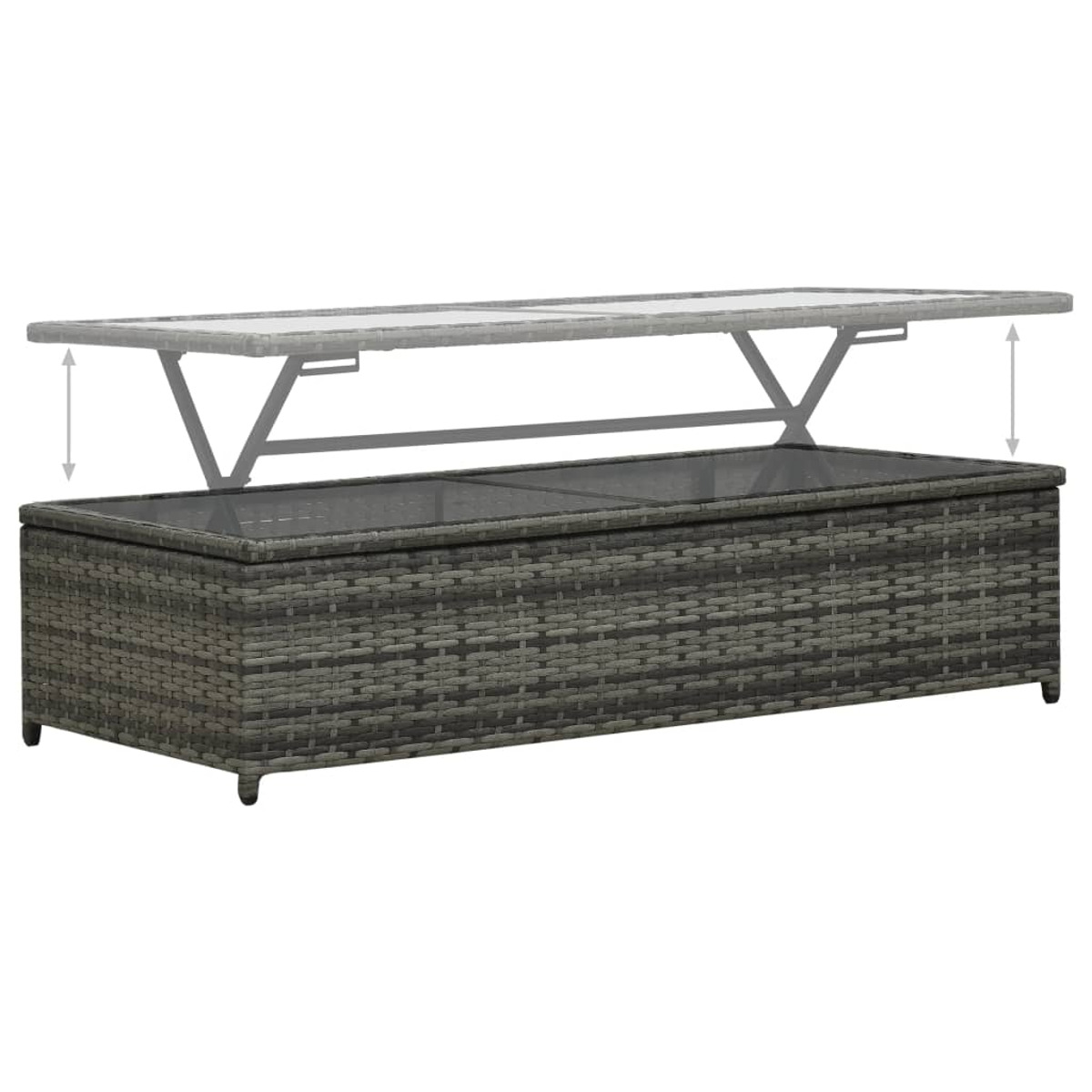 Grauer Rattan-Couchtisch mit anhebbarer Oberfläche.