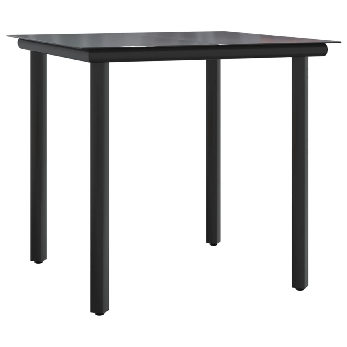 Schwarzer quadratischer Tisch mit schwarzen Beinen, aus niedriger Perspektive.