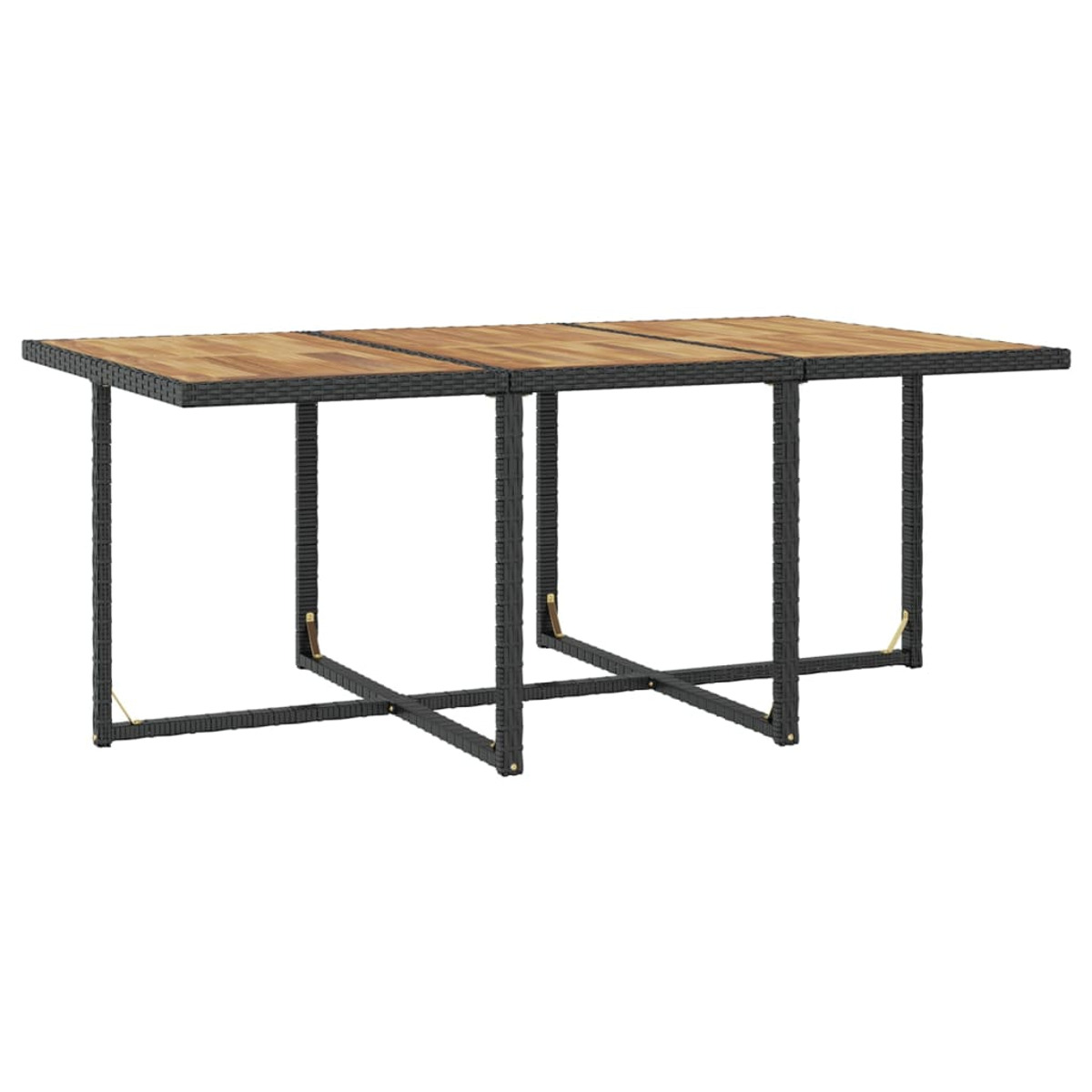 Holz-Esstisch für draußen mit schwarzem Metallrahmen.
