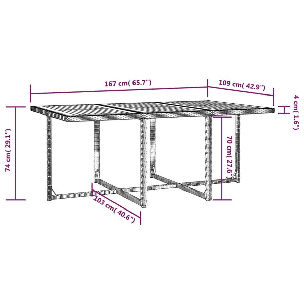 Outdoor-Tisch mit Abmessungen in Zentimetern beschriftet.