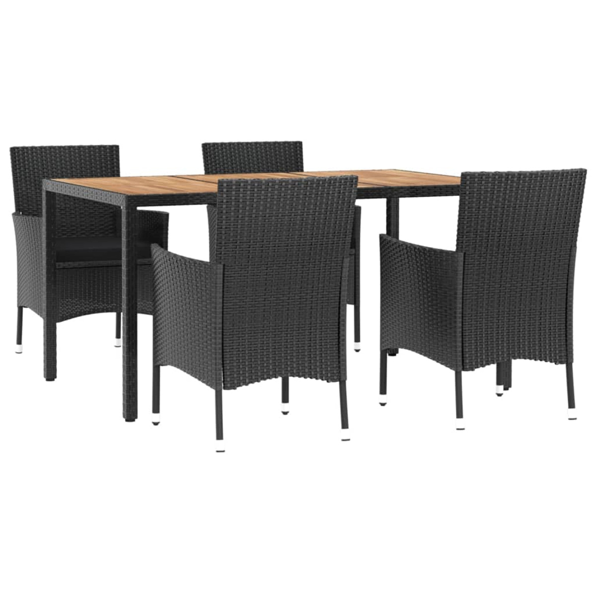 Schwarzes Esszimmer-Set für den Außenbereich mit Tisch und vier Stühlen. Das Set steht auf weißem Grund.