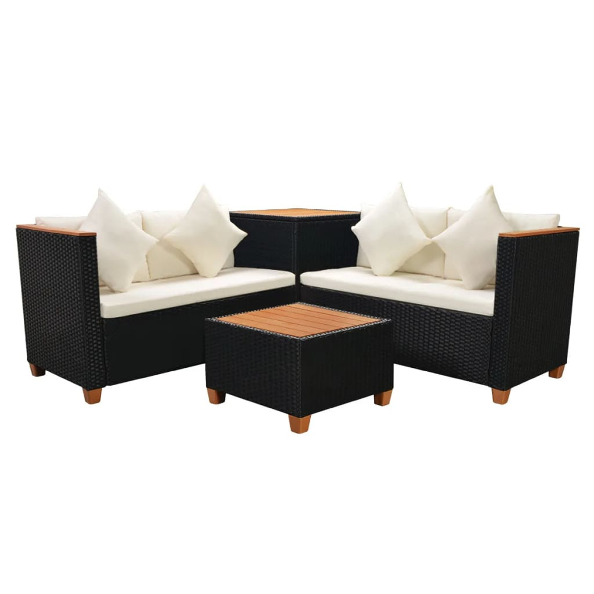 Schwarzes Rattan-Möbelset mit weißen Kissen und Holzakzenten, angeordnet auf weißer Oberfläche.
