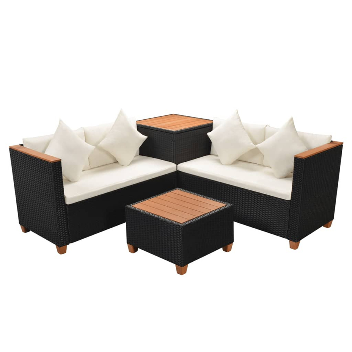 Schwarze Rattan-Gartenmöbel. Zwei Sofas, zwei Tische und weiße Kissen.