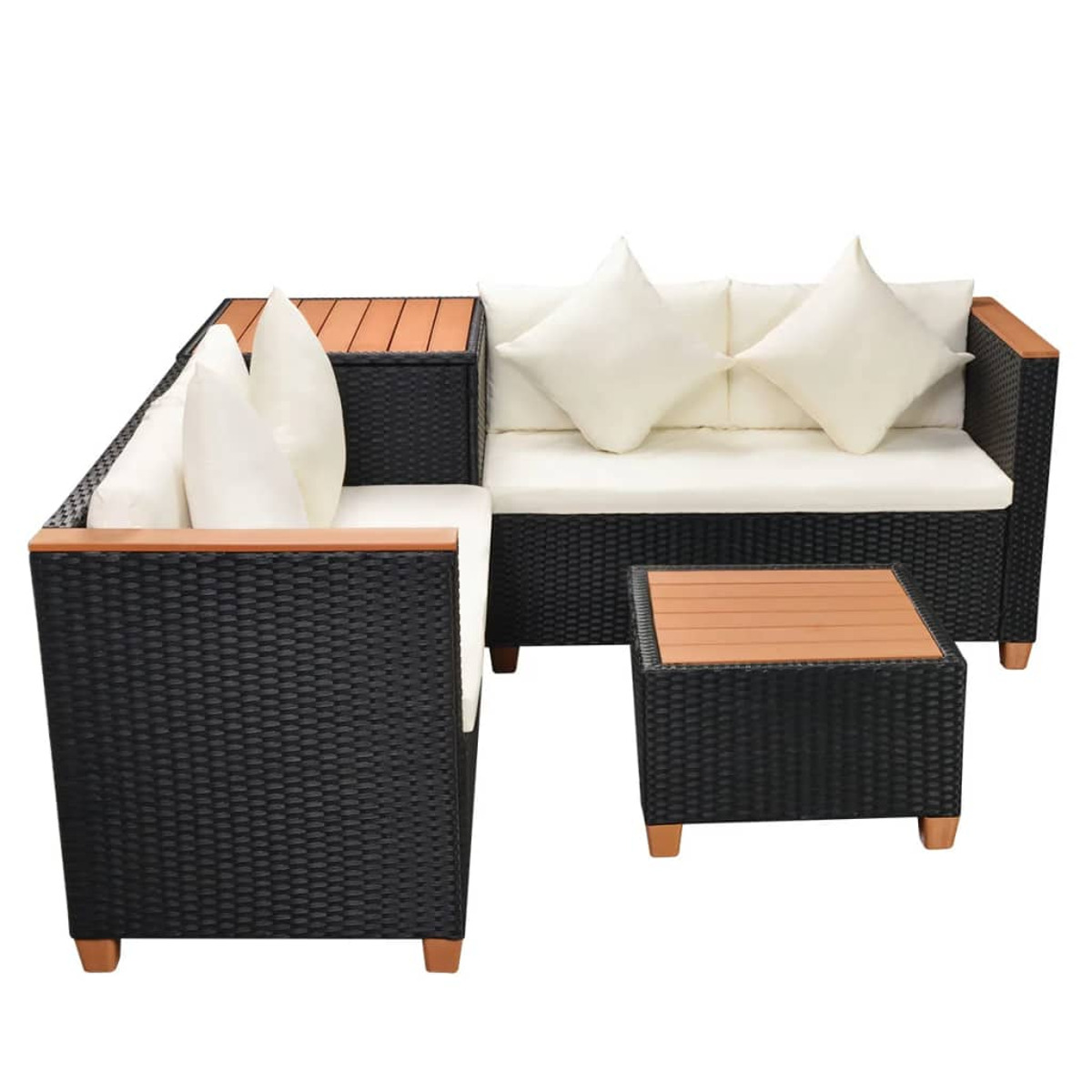 Schwarzes Outdoor-Sofa-Set aus Korbgeflecht. Gepolsterte Sitzgelegenheiten, Holzakzente, Tisch.