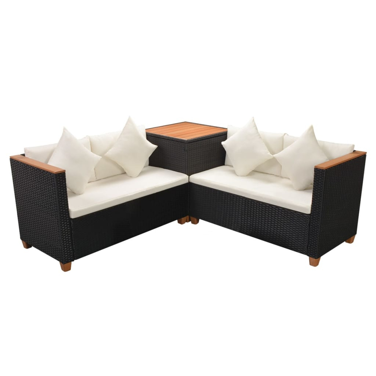 Schwarzes Korbsessel-Sofa mit weißen Kissen und einem Holztisch.