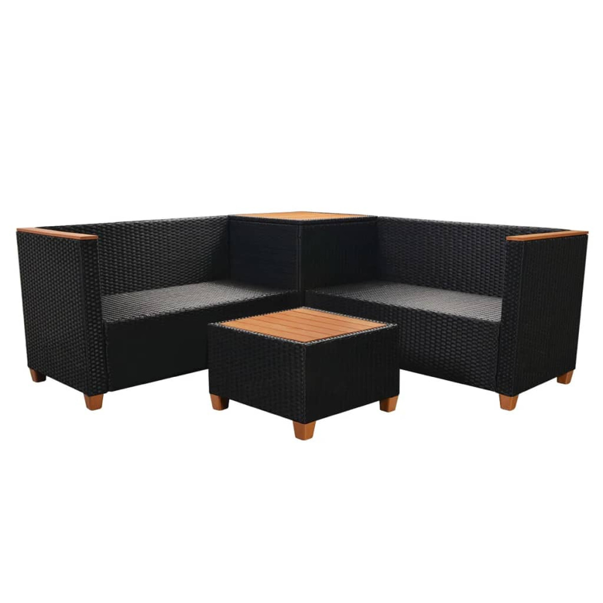 Schwarzes Rattan-Sofaset mit Holzakzenten. Weißer Hintergrund.