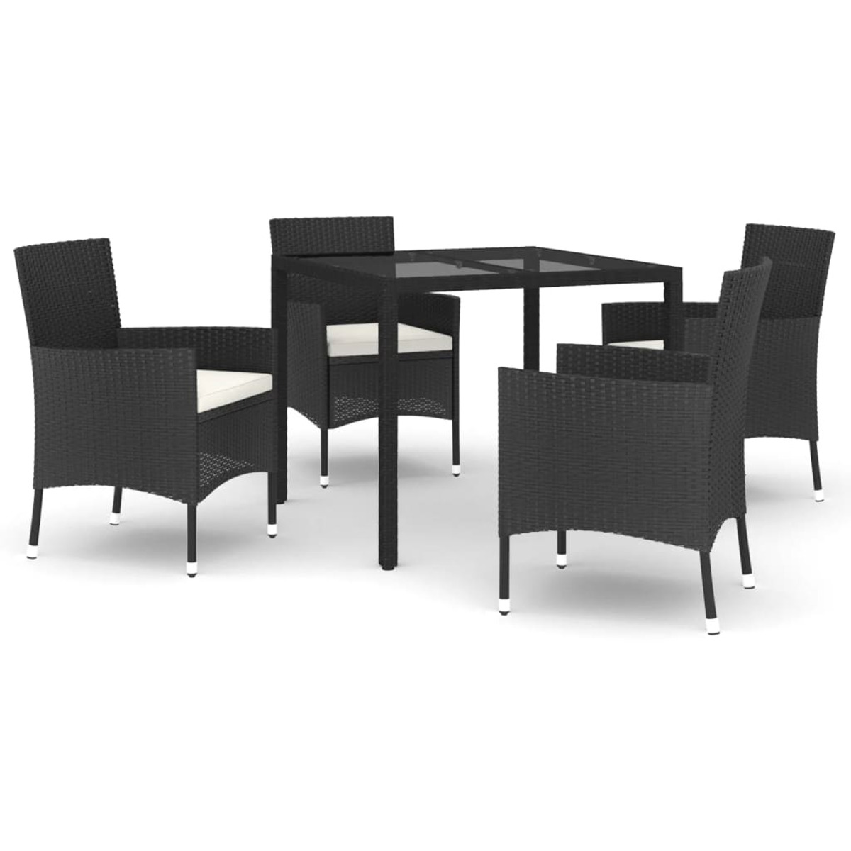 Schwarzes Ess-Set aus Korbgeflecht mit einem Tisch mit Glasplatte und vier Stühlen mit weißen Kissen.