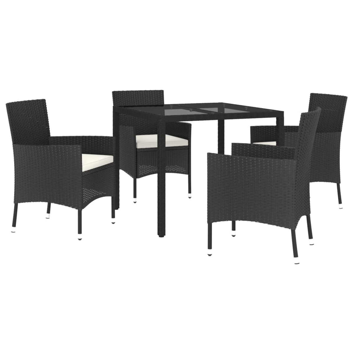 Schwarzes Rattan-Terrassenmöbel-Set mit einem quadratischen Tisch mit Glasplatte und vier Stühlen.