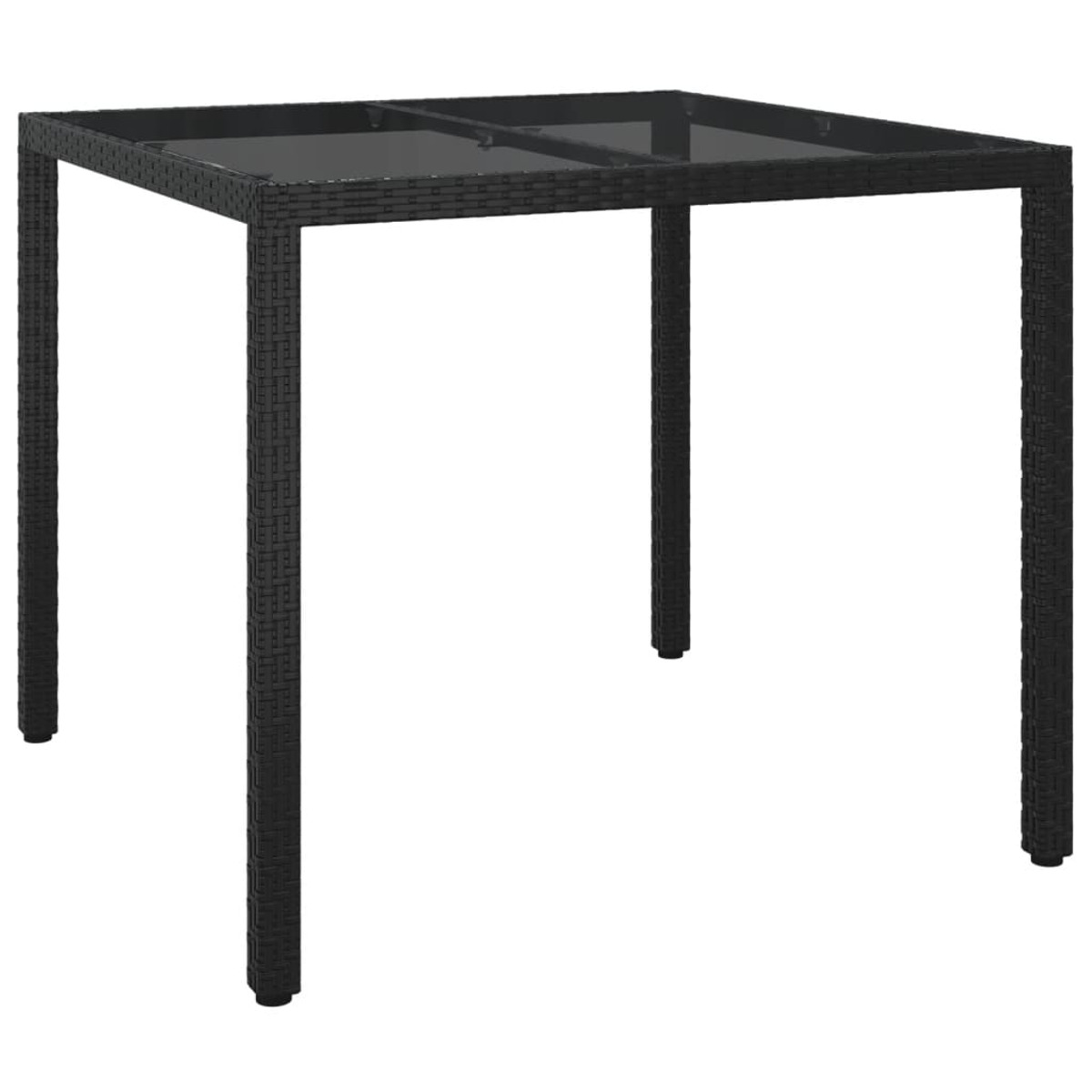 Quadratischer schwarzer Korbtisch. Schwarzer Korbrahmen mit schwarzer Glasplatte. Weißer Hintergrund.