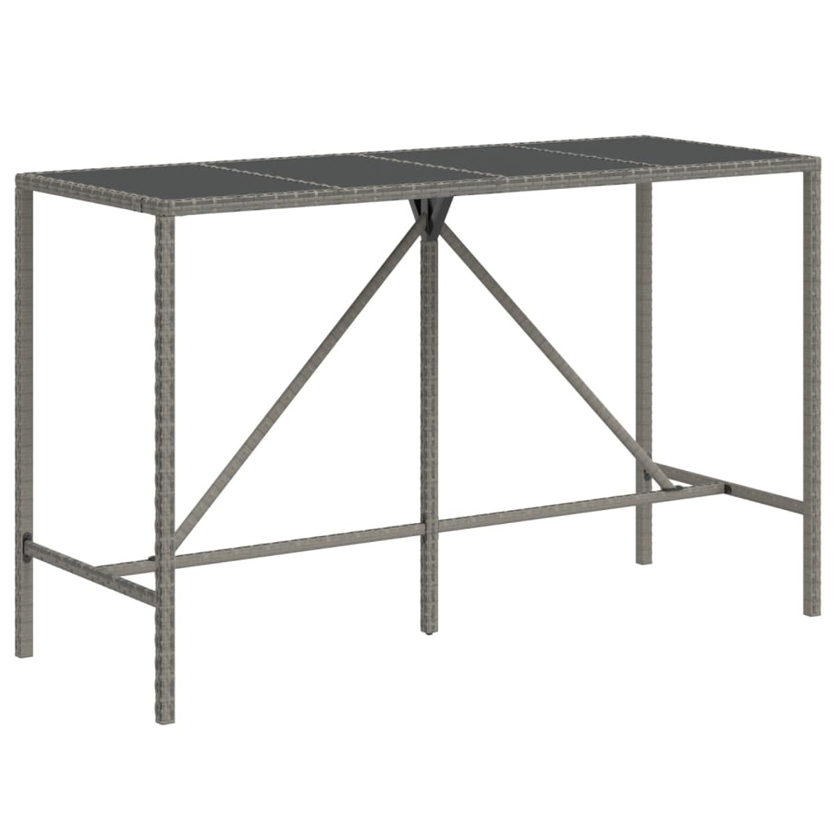 Ein grauer Rattan-Bartisch mit dunkler Platte, getragen von grauen Beinen und Querträgern.
