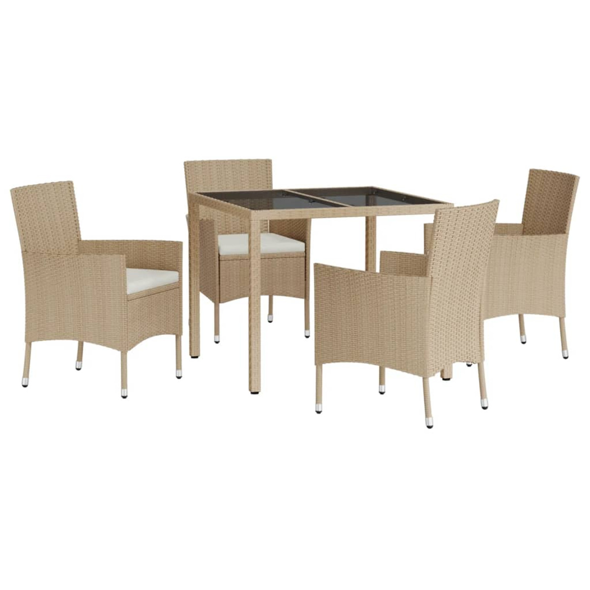 Beiges Rattan-Tischset mit vier Stühlen.