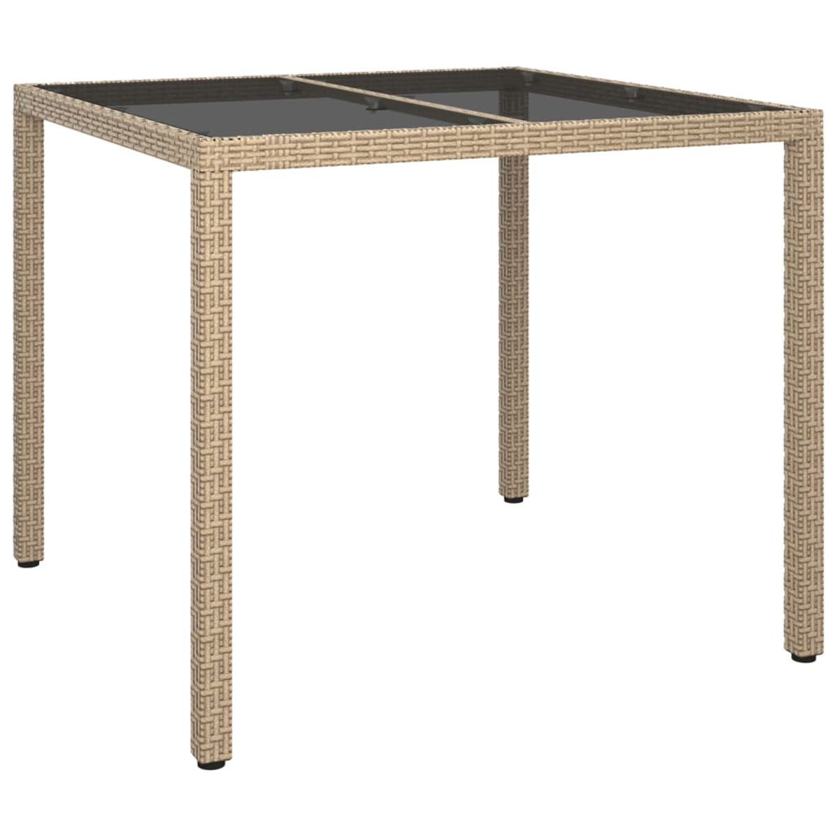 Quadratischer Gartentisch mit Glasplatte und gewebten Beinen. Weißer Hintergrund.