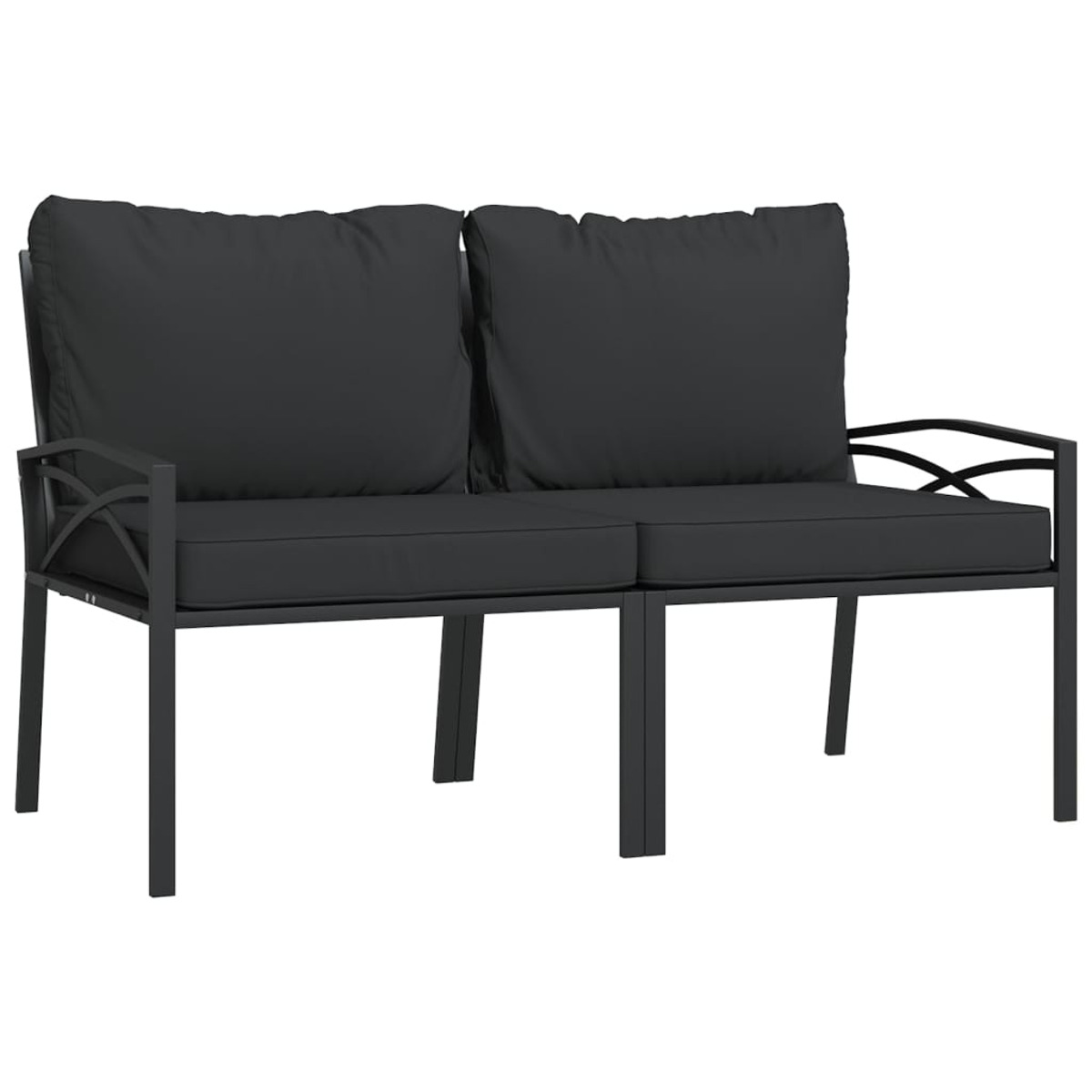 Schwarze Outdoor-Bank mit zwei Kissen. Schlichtes Design, Metallrahmen.
