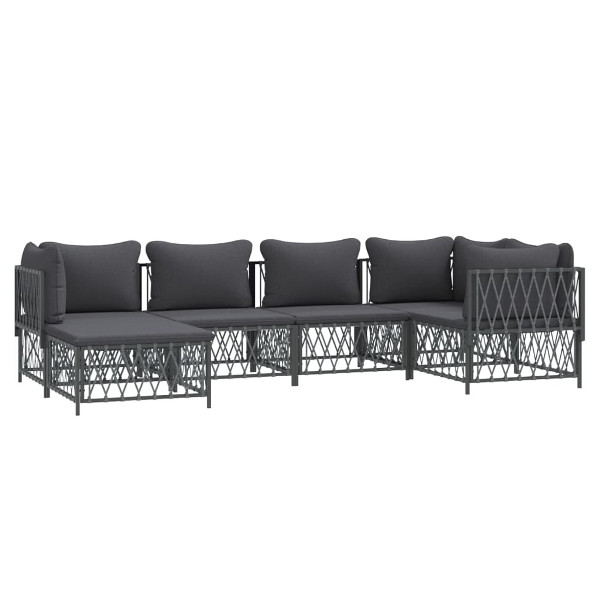 Outdoor-Sofa-Set. Dunkelgraue Kissen, Metallrahmen. Weißer Hintergrund.