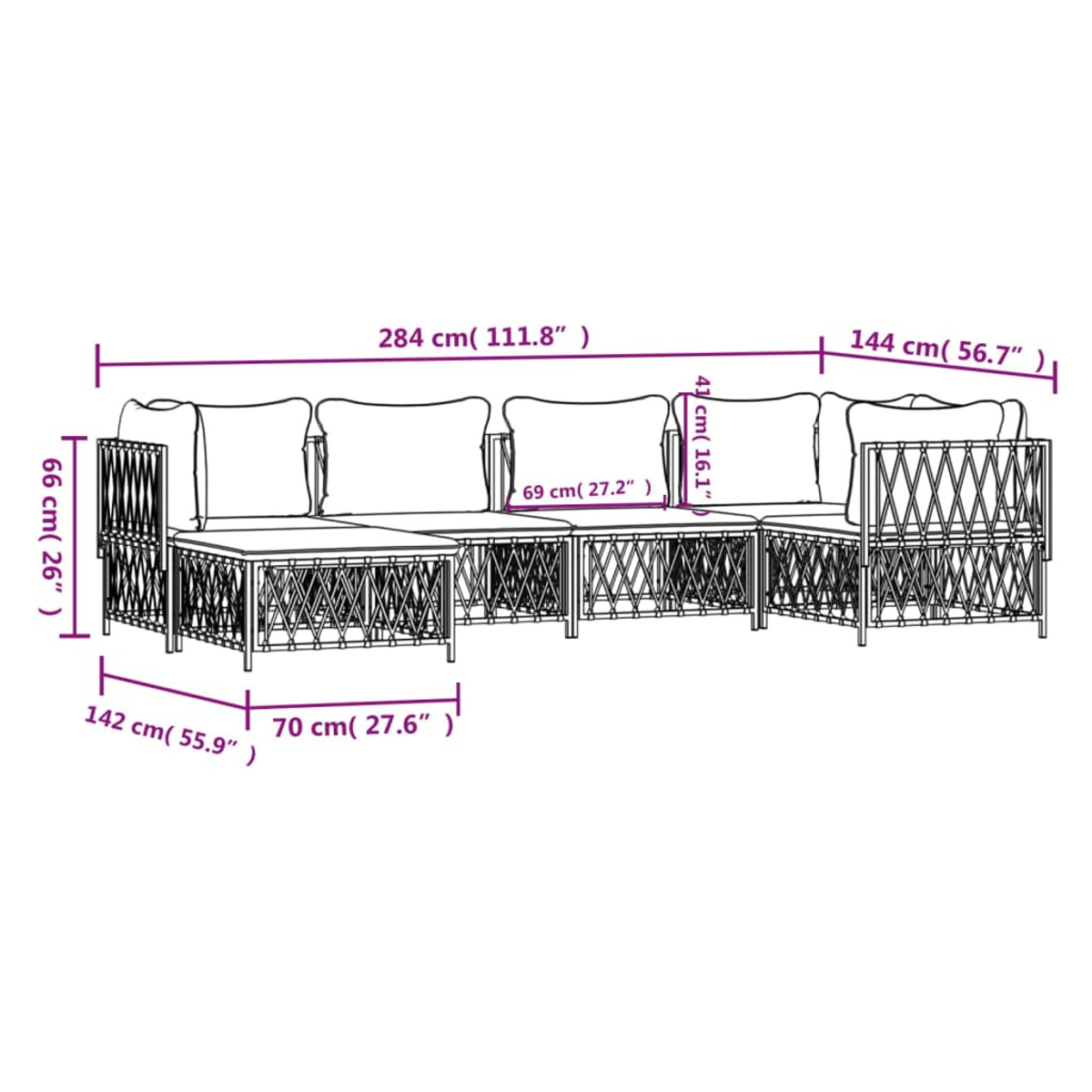 Rattan-Gartensofa mit Maßangaben in cm.