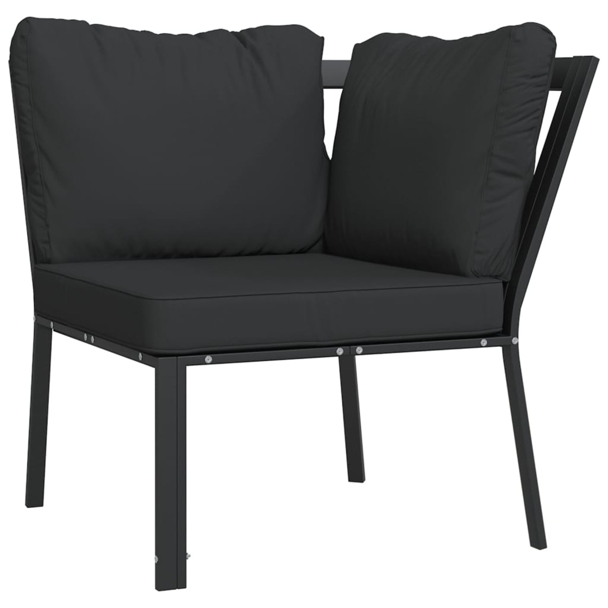 Schwarzer Outdoor-Eckstuhl aus Metall mit schwarzen Kissen, vor weißem Hintergrund.