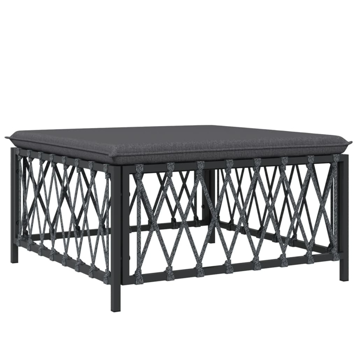 Quadratischer Outdoor-Couchtisch, dunkelgrau mit gewebtem Seildesign und gepolsterter Oberseite, weißer HG.