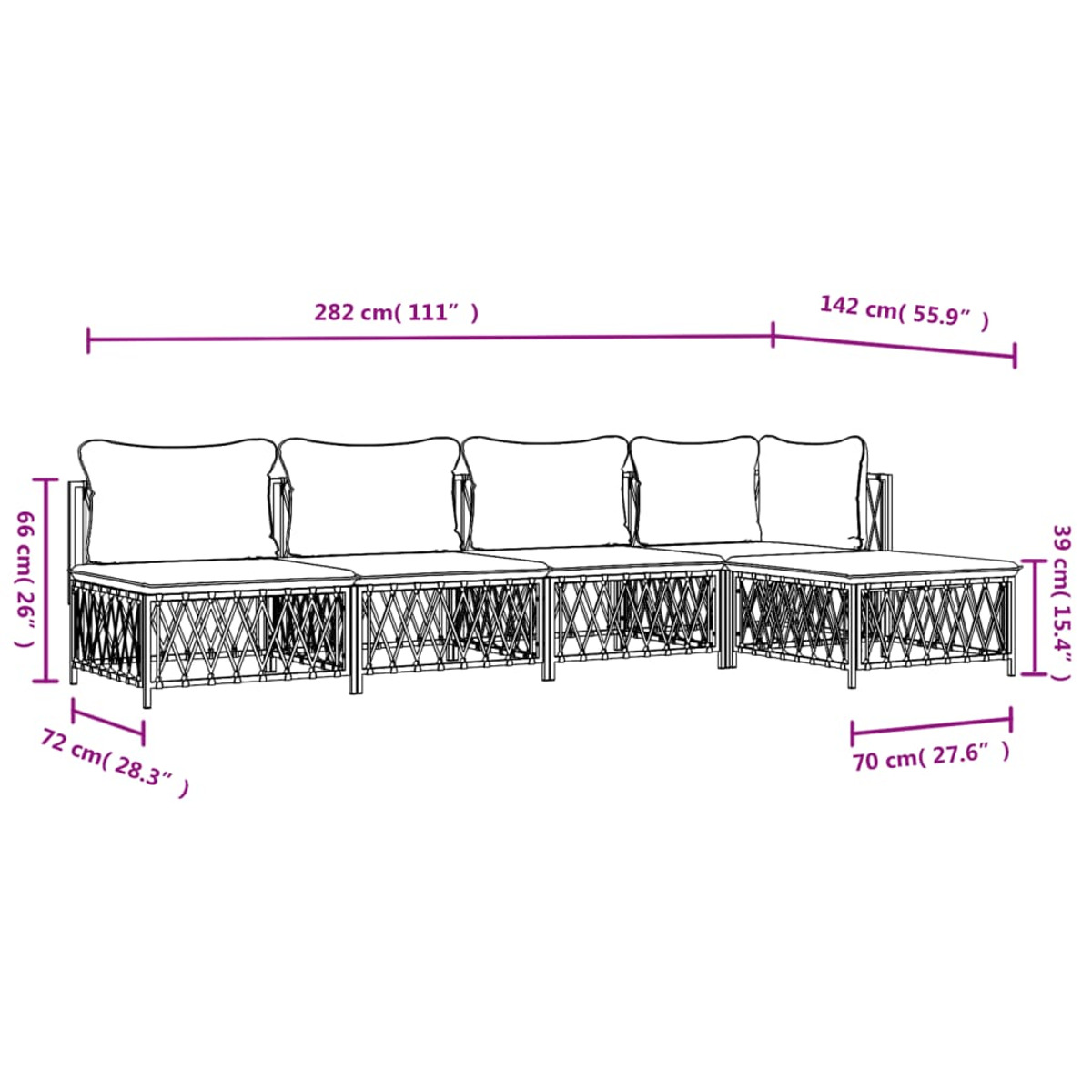 Diagramm eines braunen L-förmigen Outdoor-Sofas mit weißen Kissen.