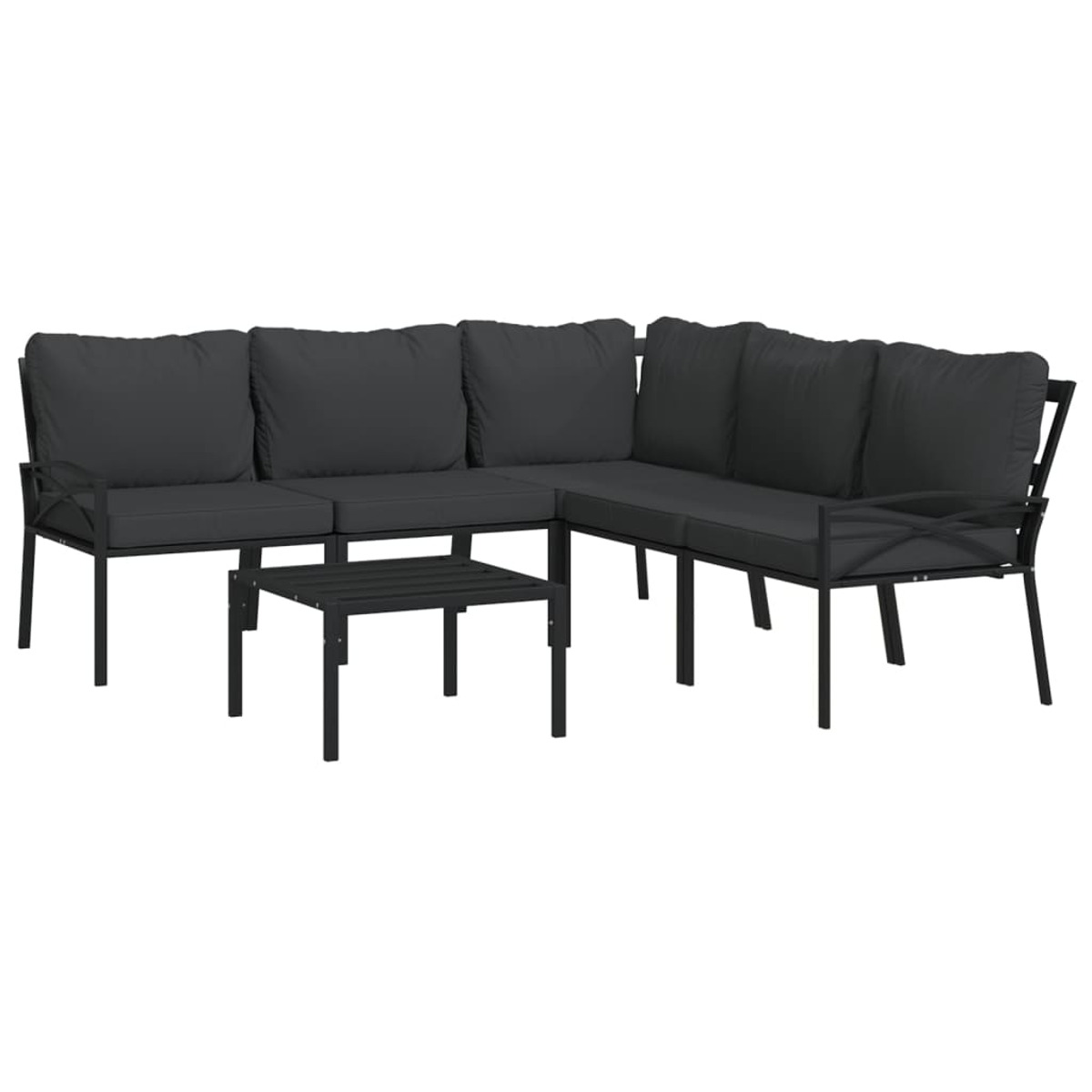 L-förmiges Outdoor-Sofaset mit schwarzem Rahmen und Kissen sowie einem kleinen Tisch.